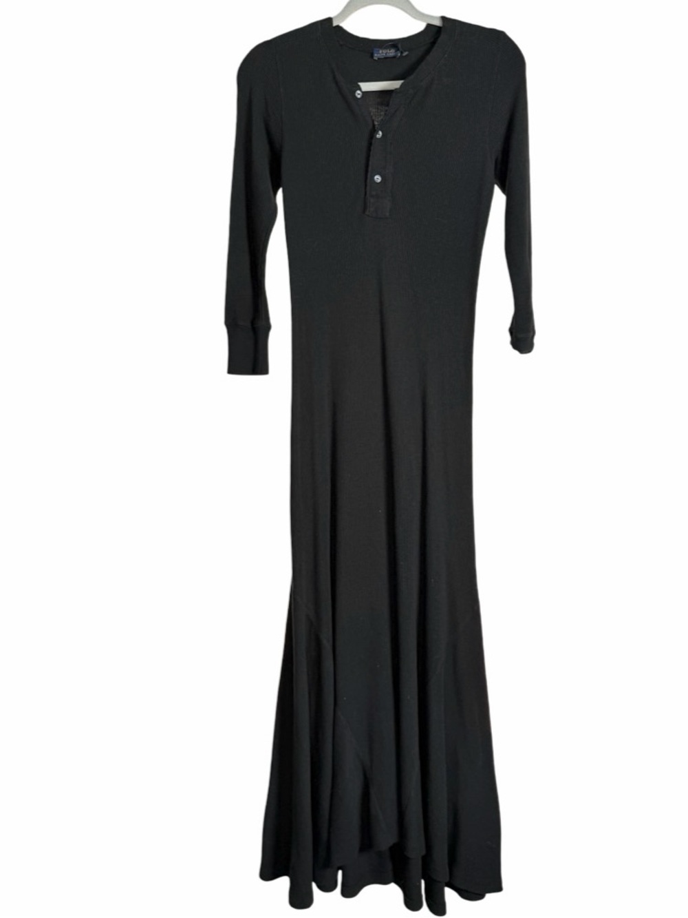Polo Ralph Lauren Black Thermal Waffle Knit Cotton Henley Maxi Dress Size Small